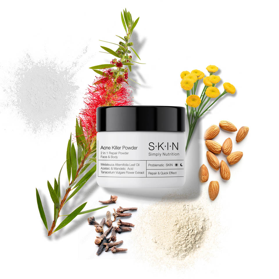 Acne Killer Powder wzbogacono w olejek z drzewa herbacianego, ekstrakt z wrotyczu, olejek goździkowy, kwas azelainowy, i kwas migdałowy, cynk, 15 aminokwasów